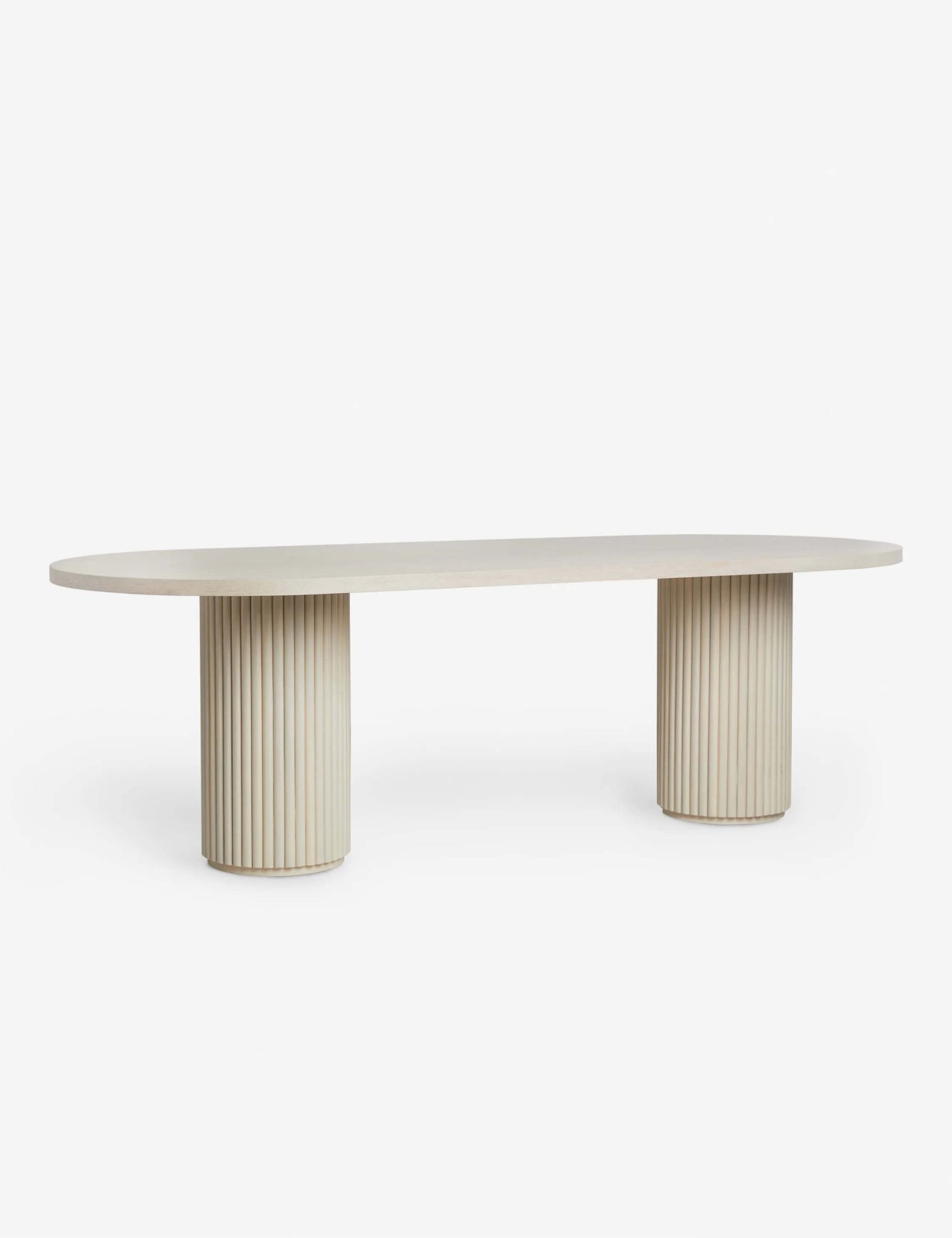Elegant Meis dining table with an oval acacia wood top and fluted cylindrical base, perfect for modern interiors.