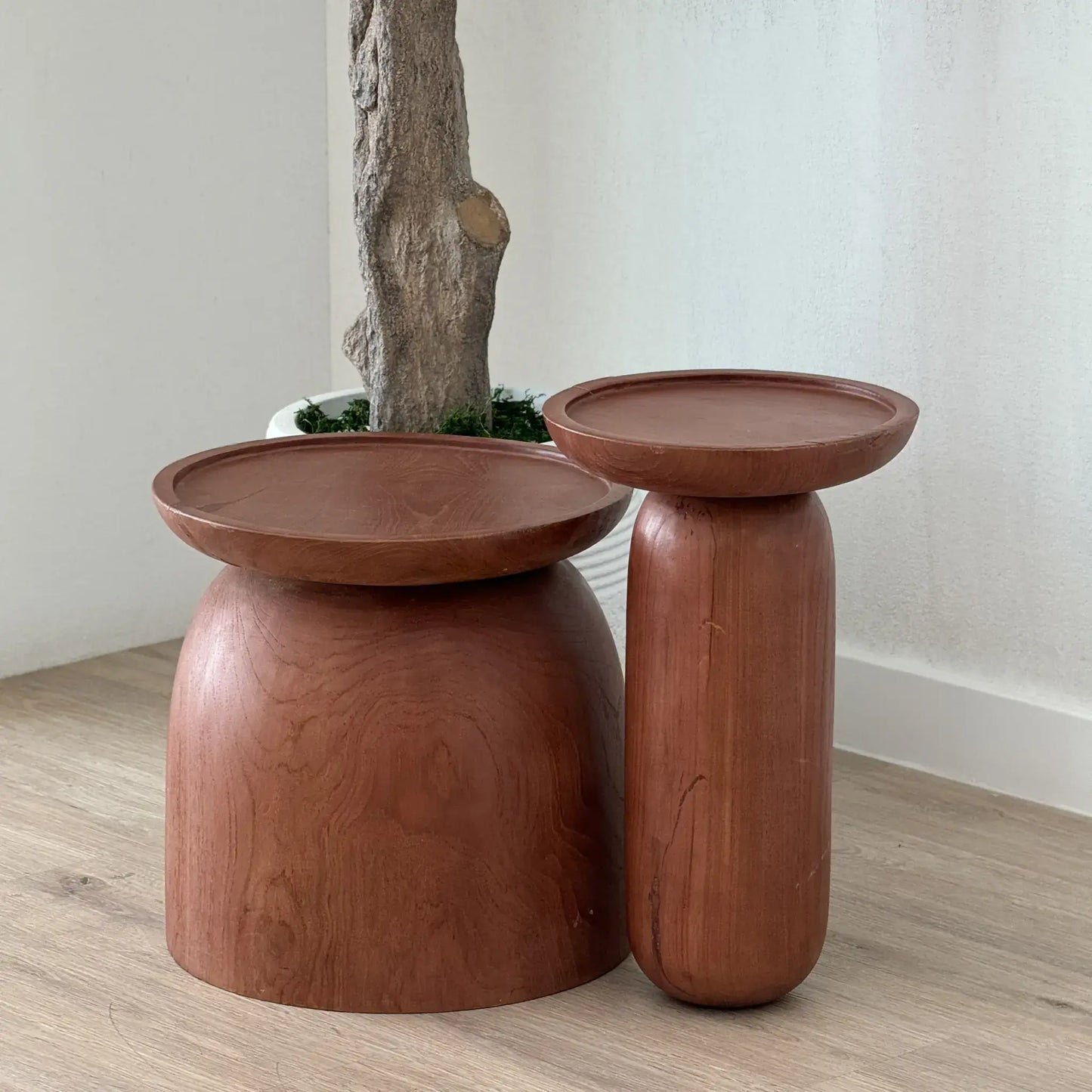 Minimalist Kawkab Nest Table in natural teak wood, designed for modern interiors with a celestial elegance. Exclusive to House of Nur.