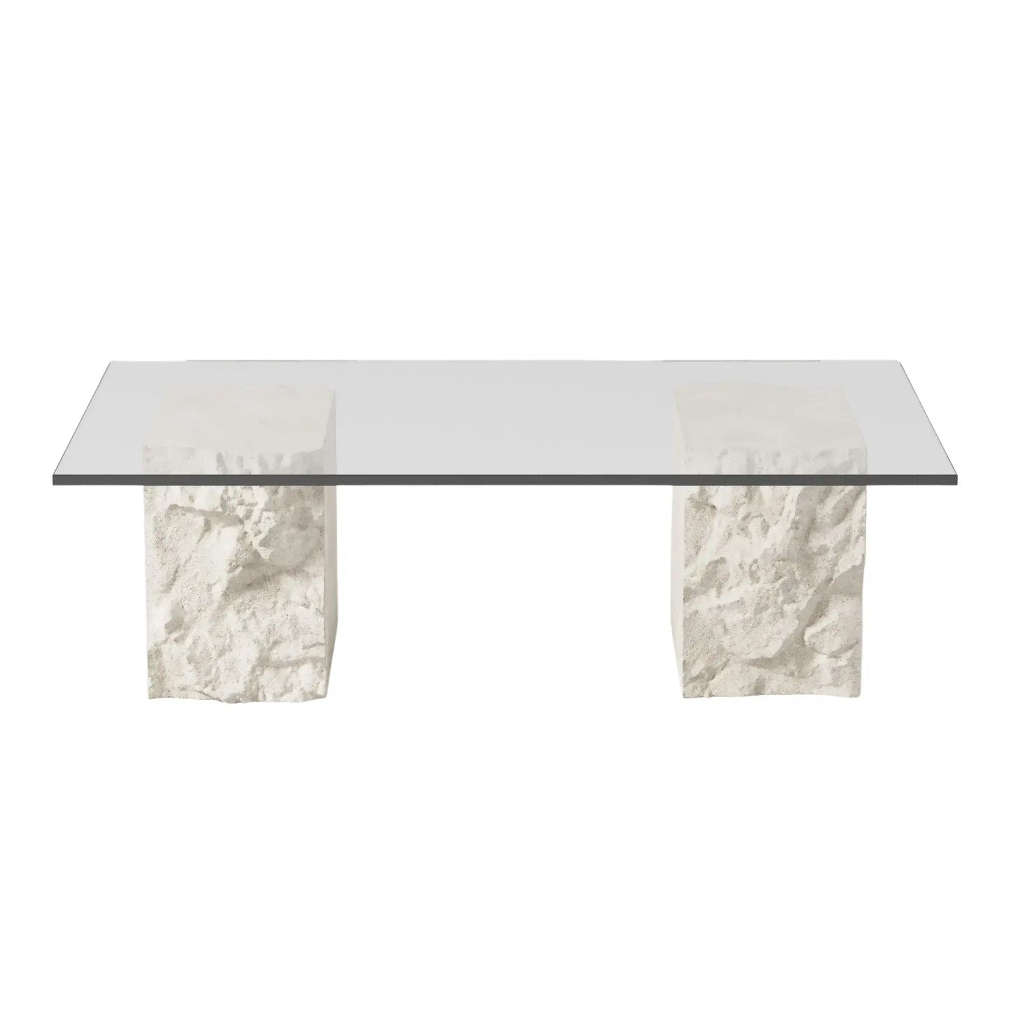 Qamar Al-Layl Limestone Coffee Table with a tempered glass top, handcrafted from natural limestone for a luxury lounge aesthetic in UAE.