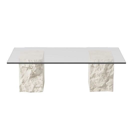 Qamar Al-Layl Limestone Coffee Table with a tempered glass top, handcrafted from natural limestone for a luxury lounge aesthetic in UAE.