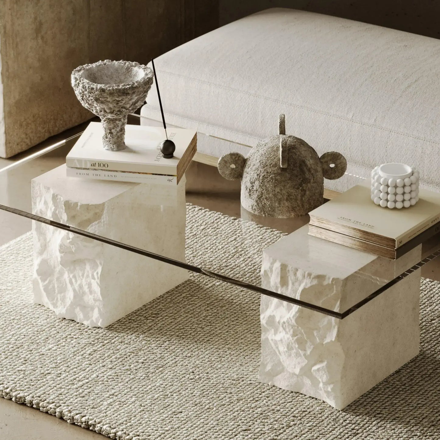 Luxury rectangular limestone coffee table, a timeless centerpiece for modern villas, upscale lounges, and office spaces in the Middle East.